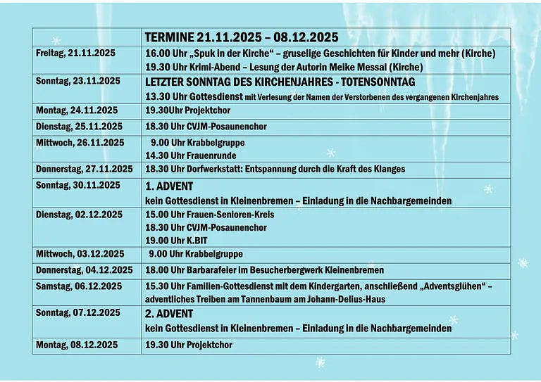 Termine 21.11.2025-08.12.2025