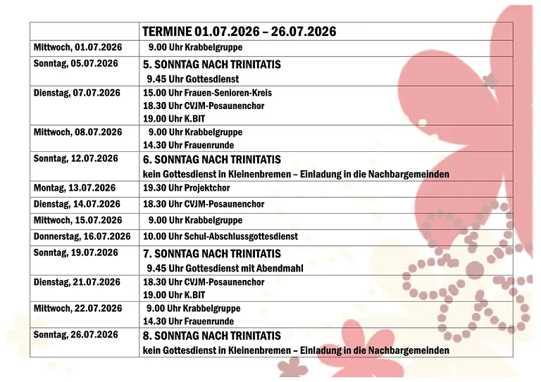 Termine 01.07.2026-26.07.2026