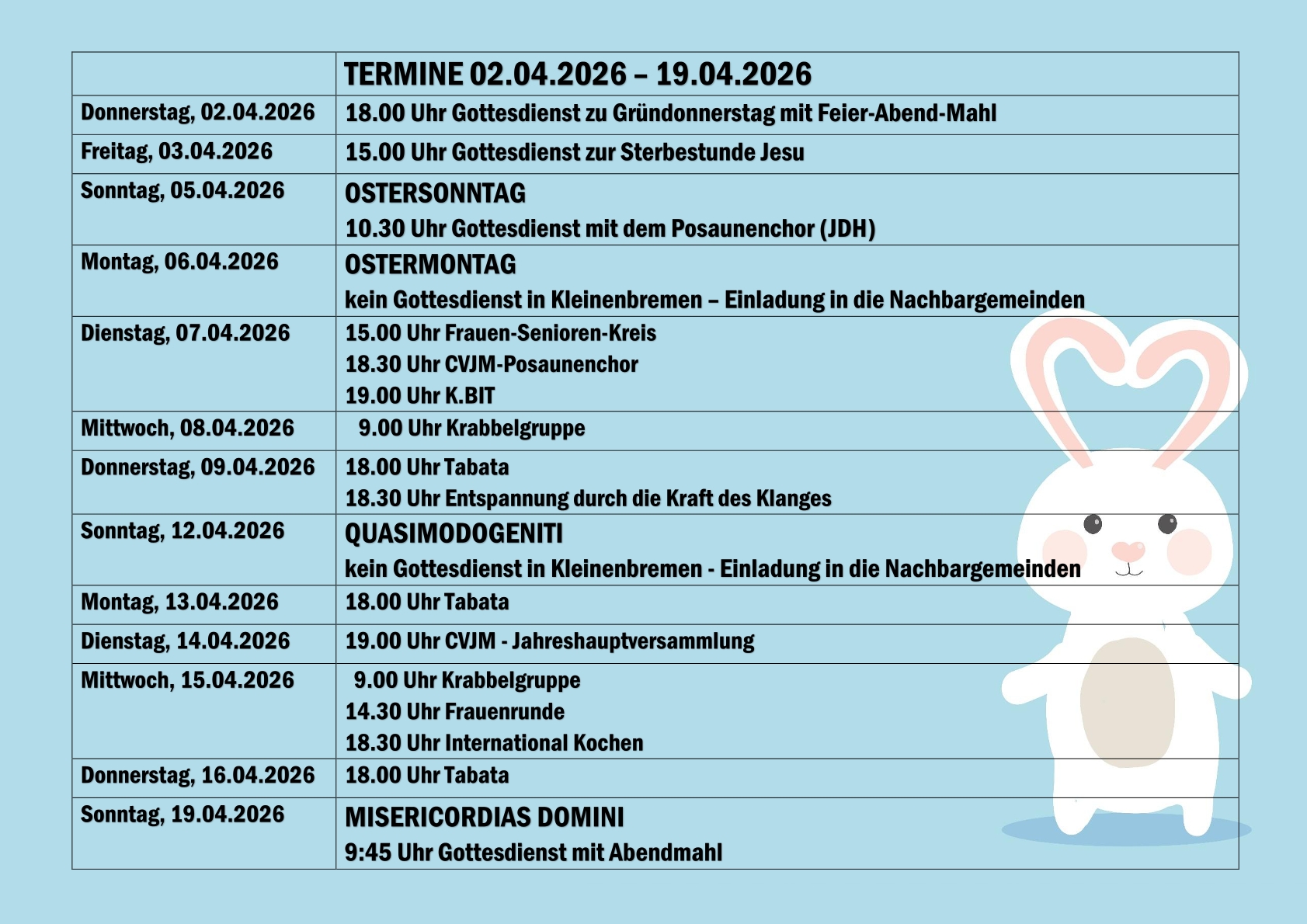 Termine 02.04.2026-19.04.2026