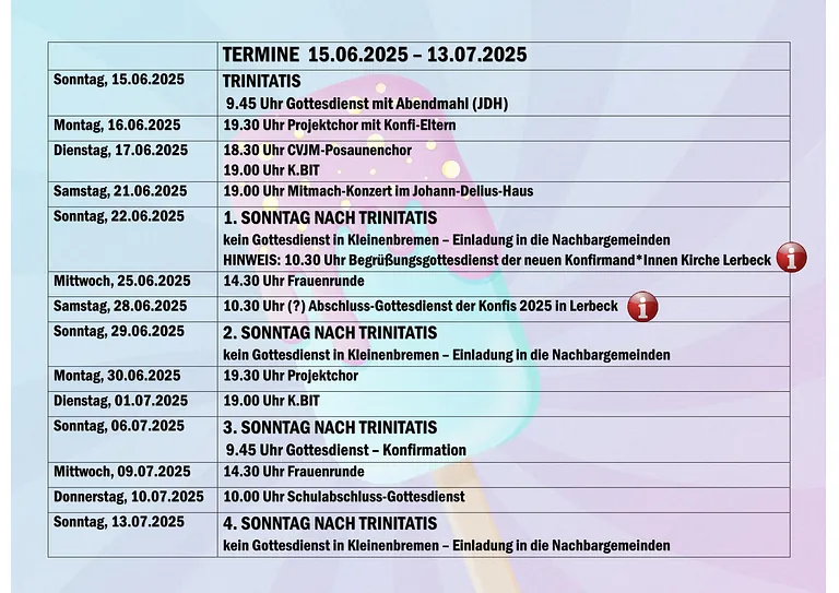 Termine 15.06.2025 - 13.07.2025